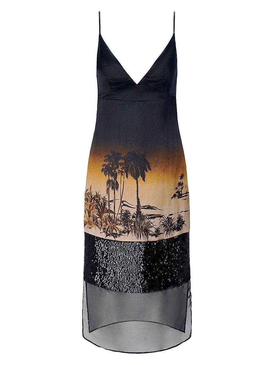 Women's Nalu Printed Sequin-Embellished Linen-Silk Midi-Slipdress - California Nights - Size 14