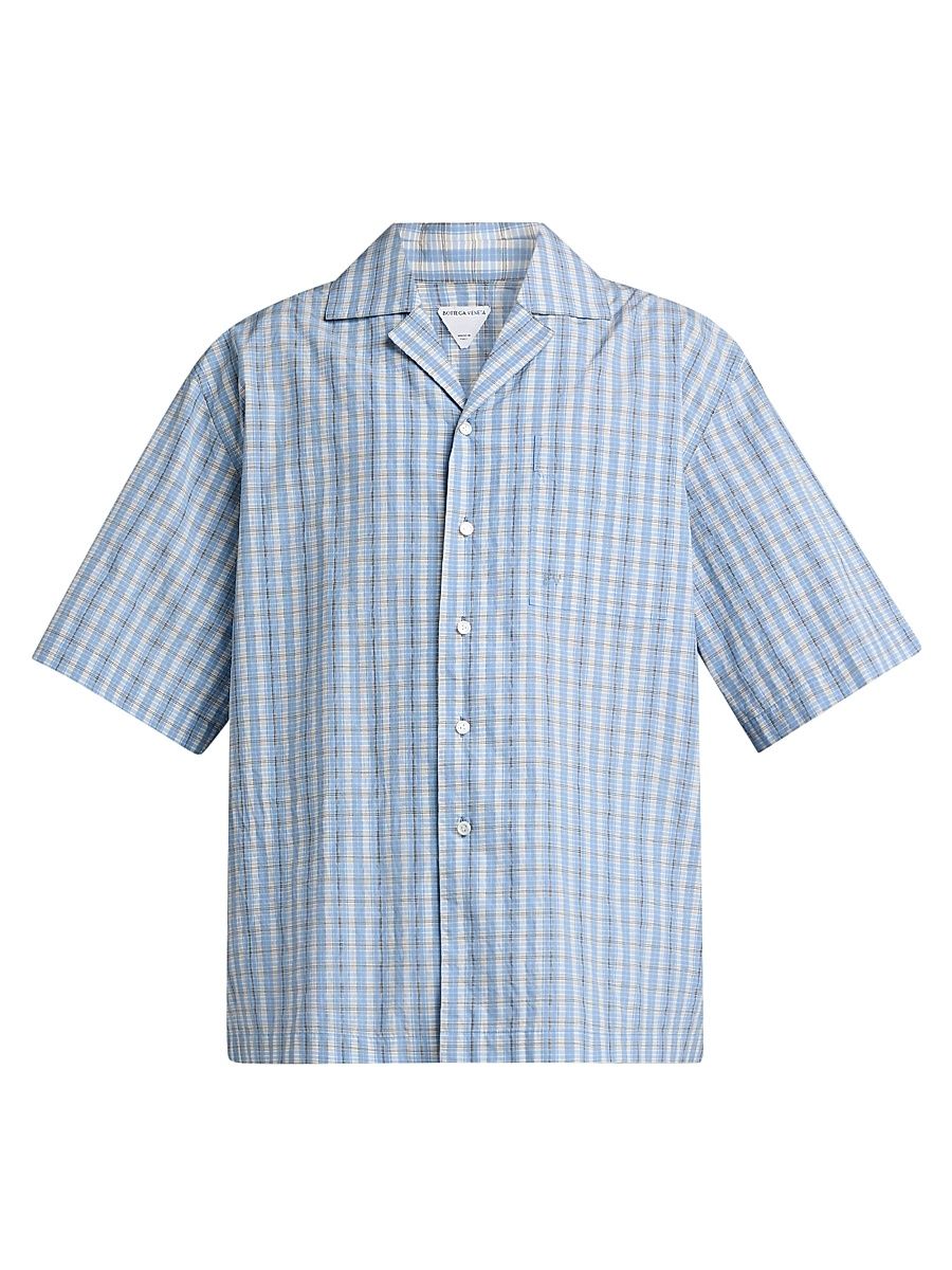 Men's Check Cotton-Silk Camp Shirt - Blue White Stone - Size 42