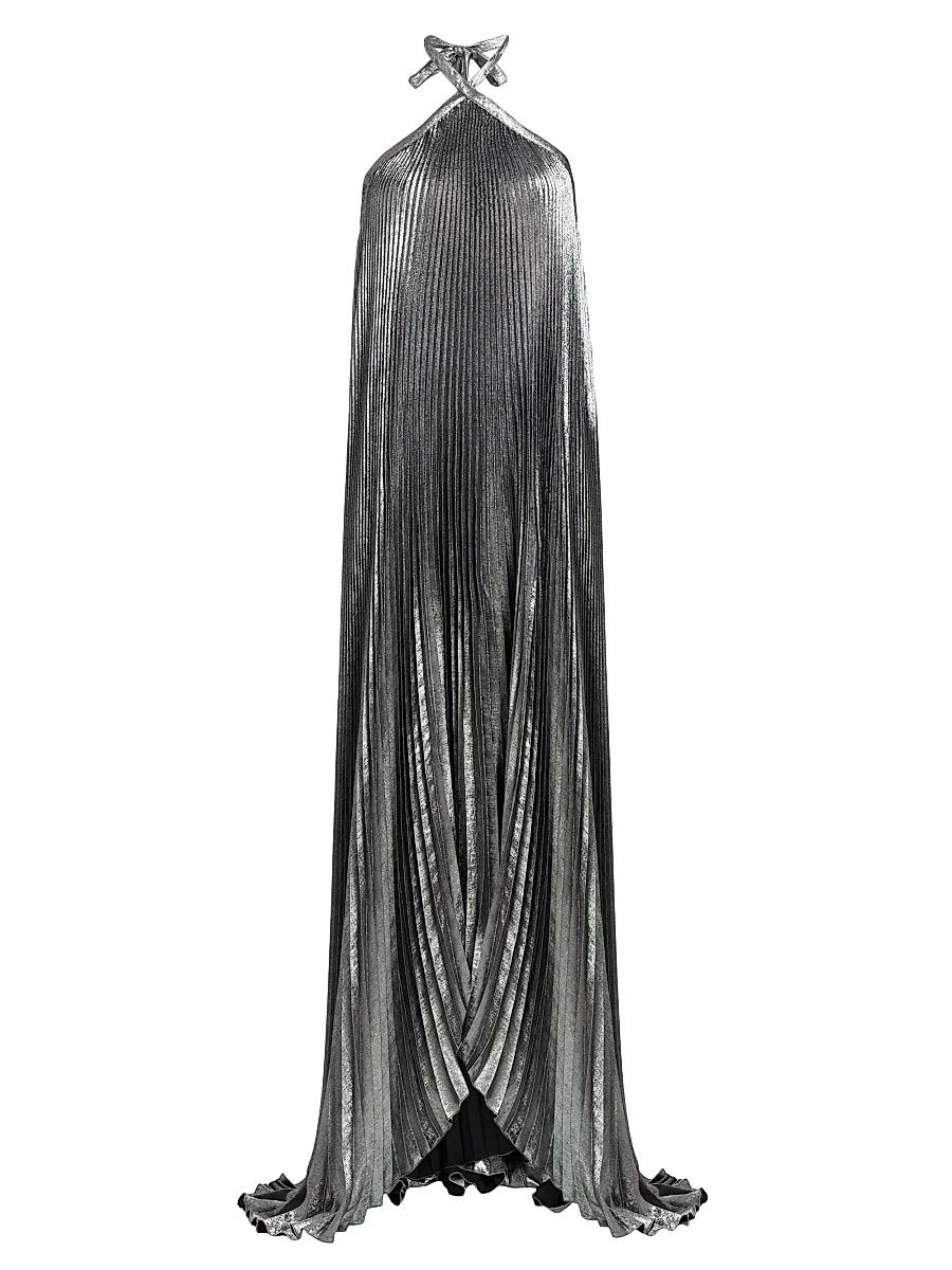 Women's La Fête Déesse Metallic Asymmetric Pleated Halterneck Gown - Gunmetal Shimmer - Size 8