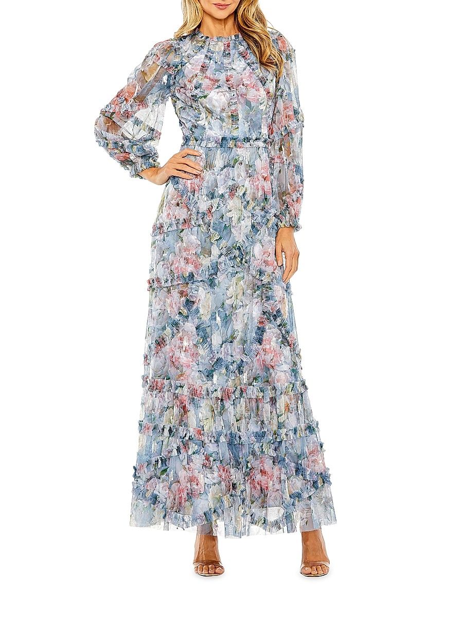 Women's Floral Chiffon Tiered Maxi Dress - Platinum Multi - Size 18