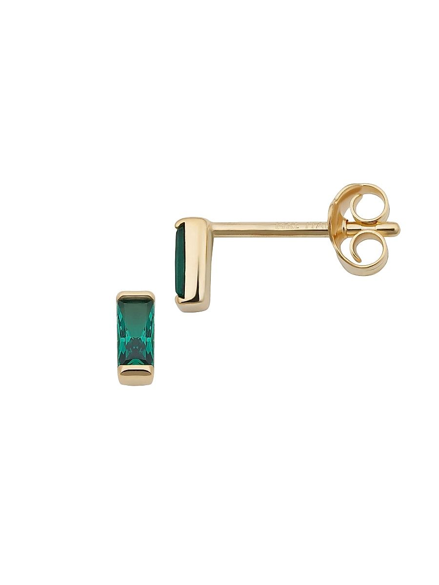 Women's 14K Yellow Solid Gold, Sea Green Fresco Baguette Micro Studs - Sea Green