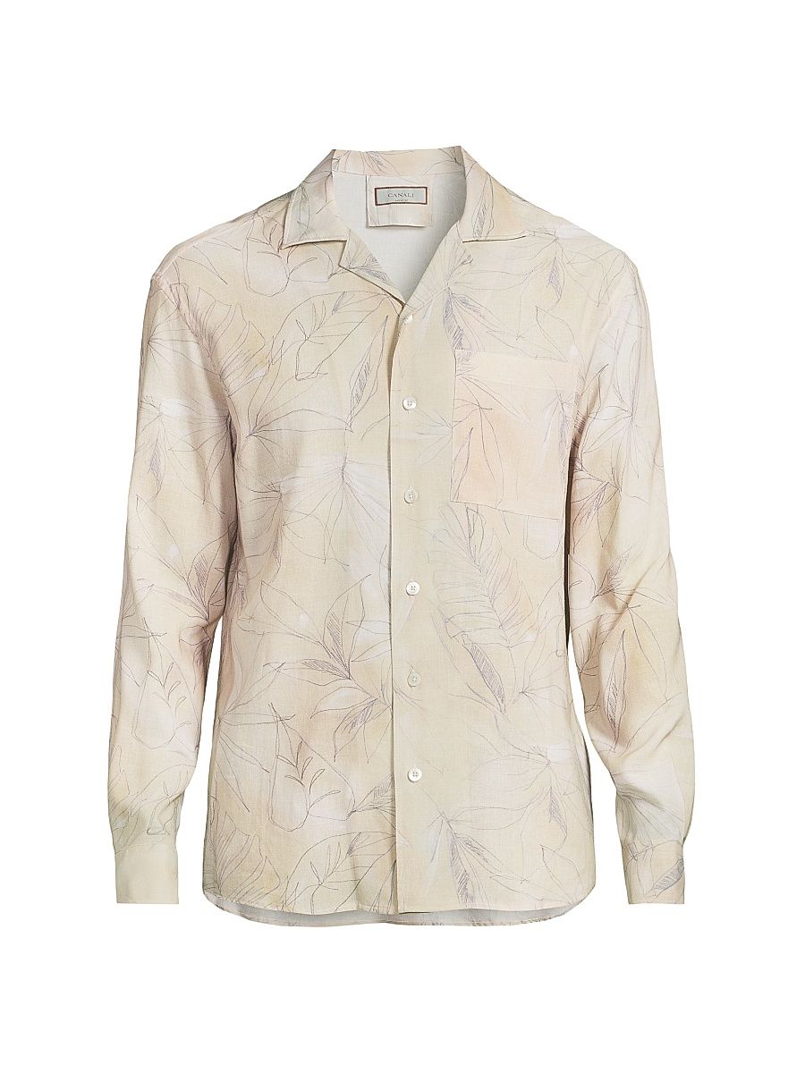 Men's Leaf-Print Button-Front Shirt - Tan - Size XXL