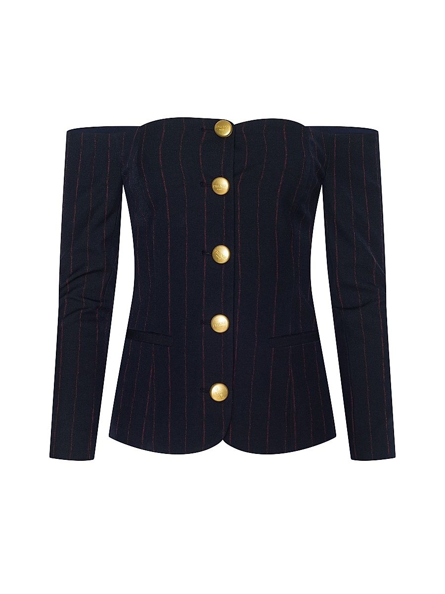 Women's Alice Pinstriped Off-The-Shoulder Blazer - Midnight Burgundy Pinstripe - Size 2