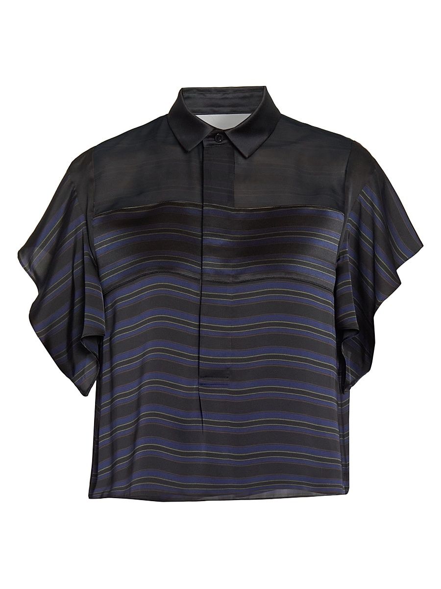 Women's Striped Sheer Yoke Shirt - Black Navy - Size XL