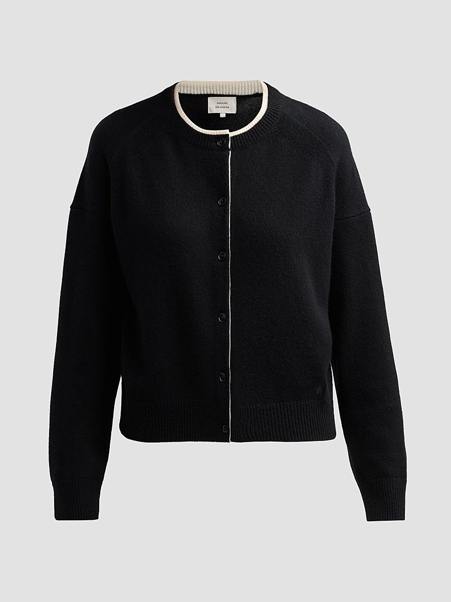 Women's Nicola Contrast Crewneck Cashmere Cardigan - Black Ivory - Size XS