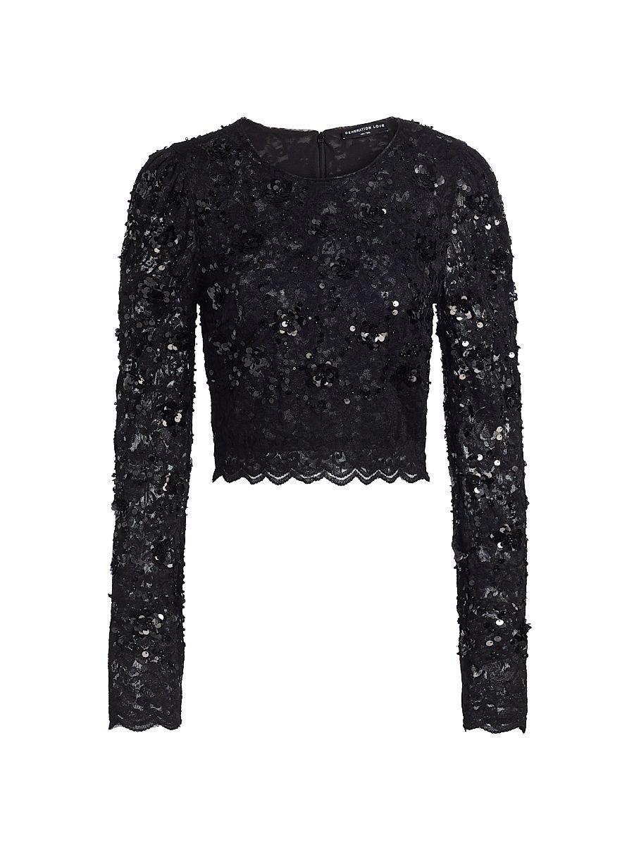Women's Safia Sequined Lace Crop Top - Black - Size Medium