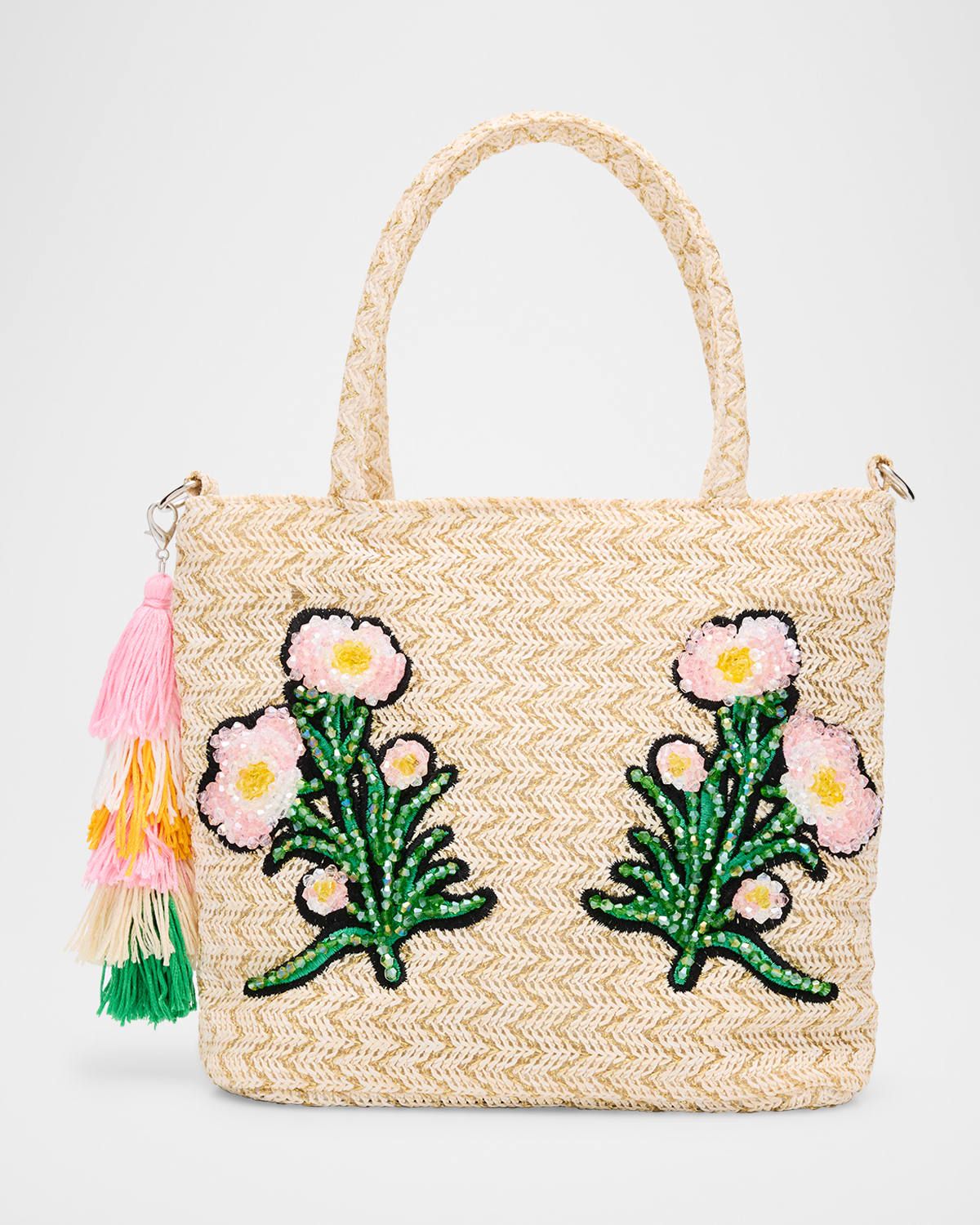Kid & apos;s Floral Embroidered Raffia Tote Bag with Tassel
