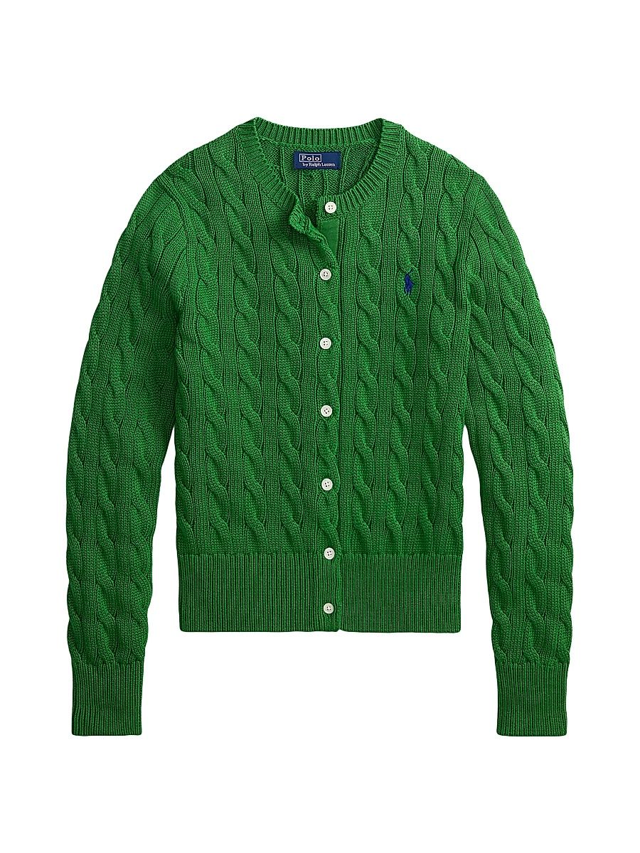 Women's Logo Cable-Knit Cotton Cardigan - Fiji Green - Size XS