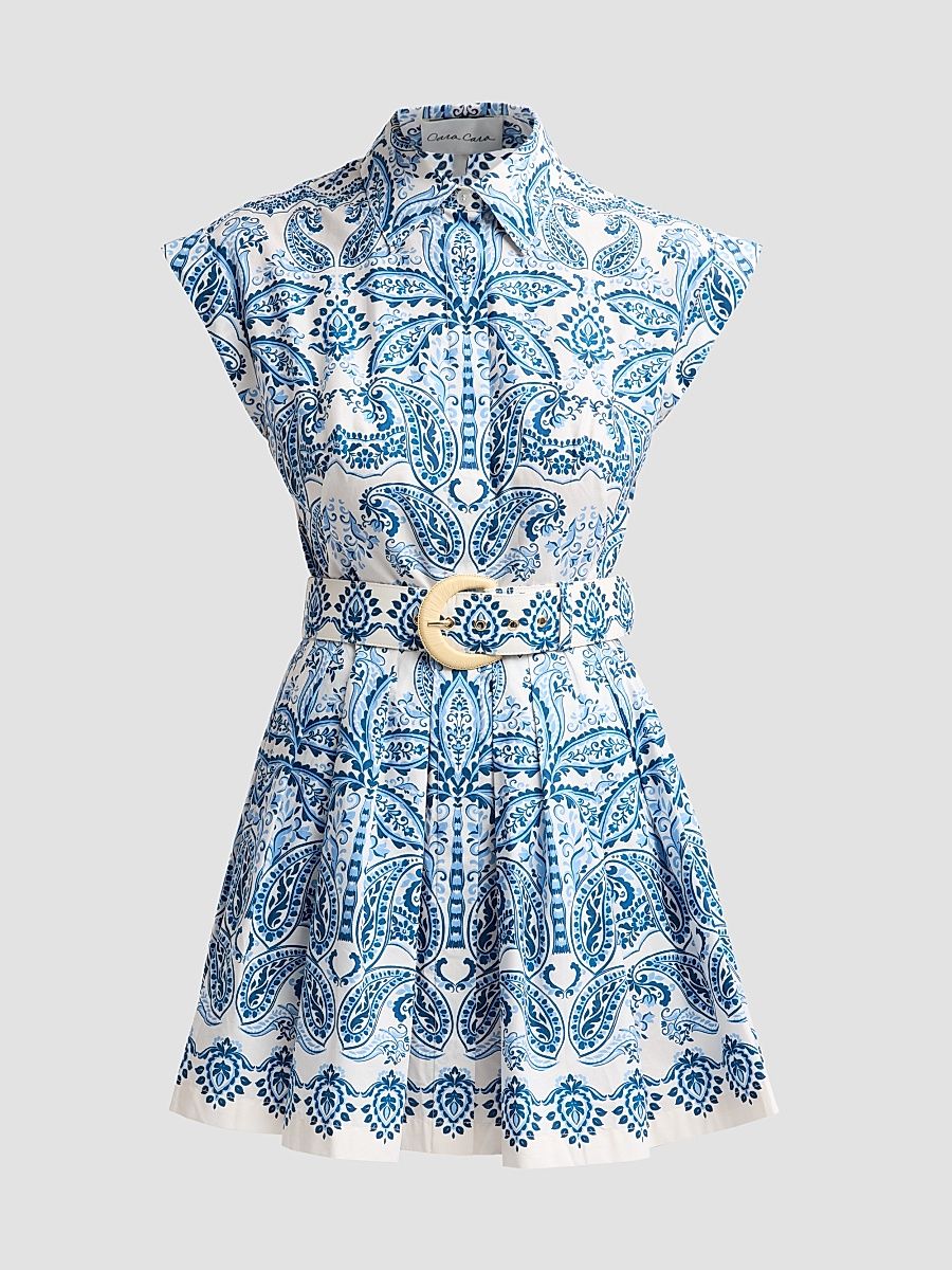 Women's Octavia Paisley Cotton Poplin Mini Dress - Palm Paisley Sky - Size 14