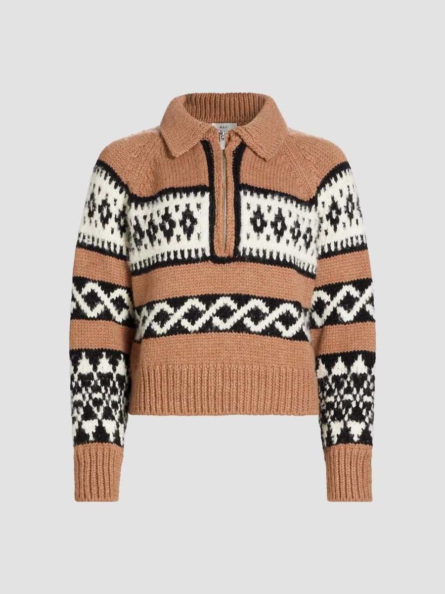 A. L.C. Women's Carter Intarsia Merino-Wool Half-Zip Sweater - Camel Multi - Size Small