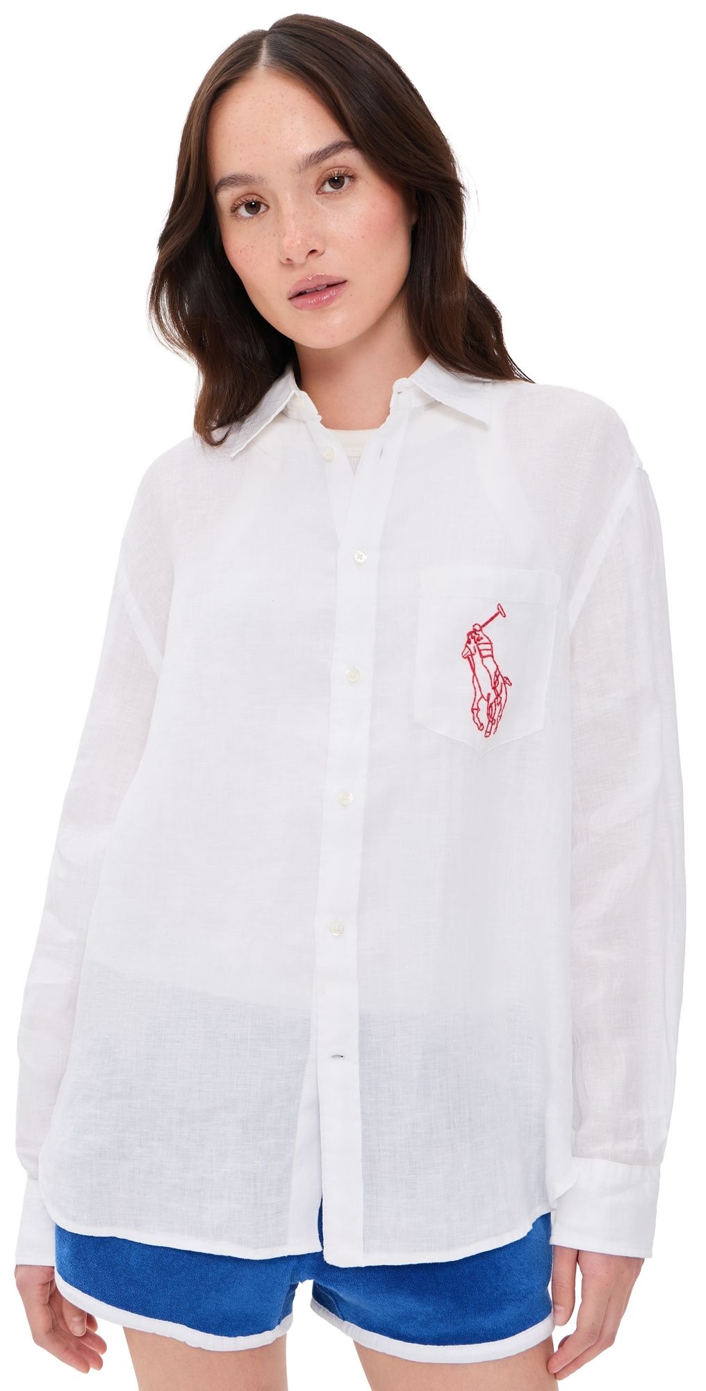 Polo Ralph Lauren Embroidered Pocket Linen Button Down Classic Oxford White S