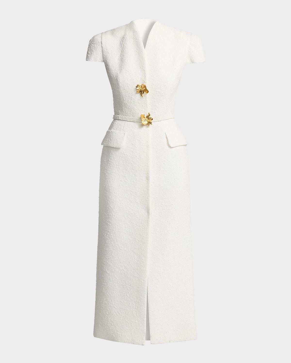 Cap-Sleeve Slub Tweed Buttoned Midi Day Dress