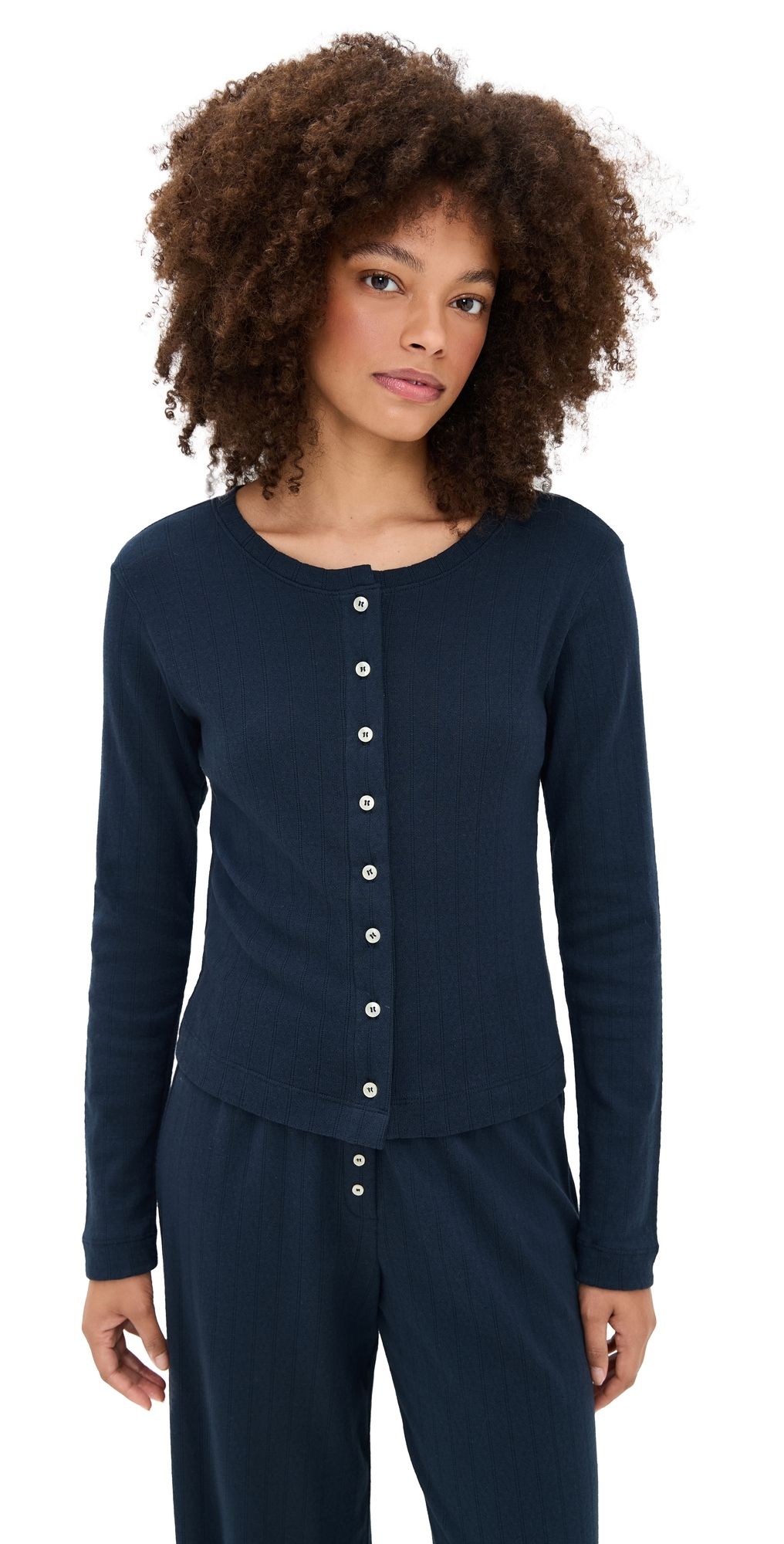 Leset Pointelle Classic Crew Cardigan Midnight XS
