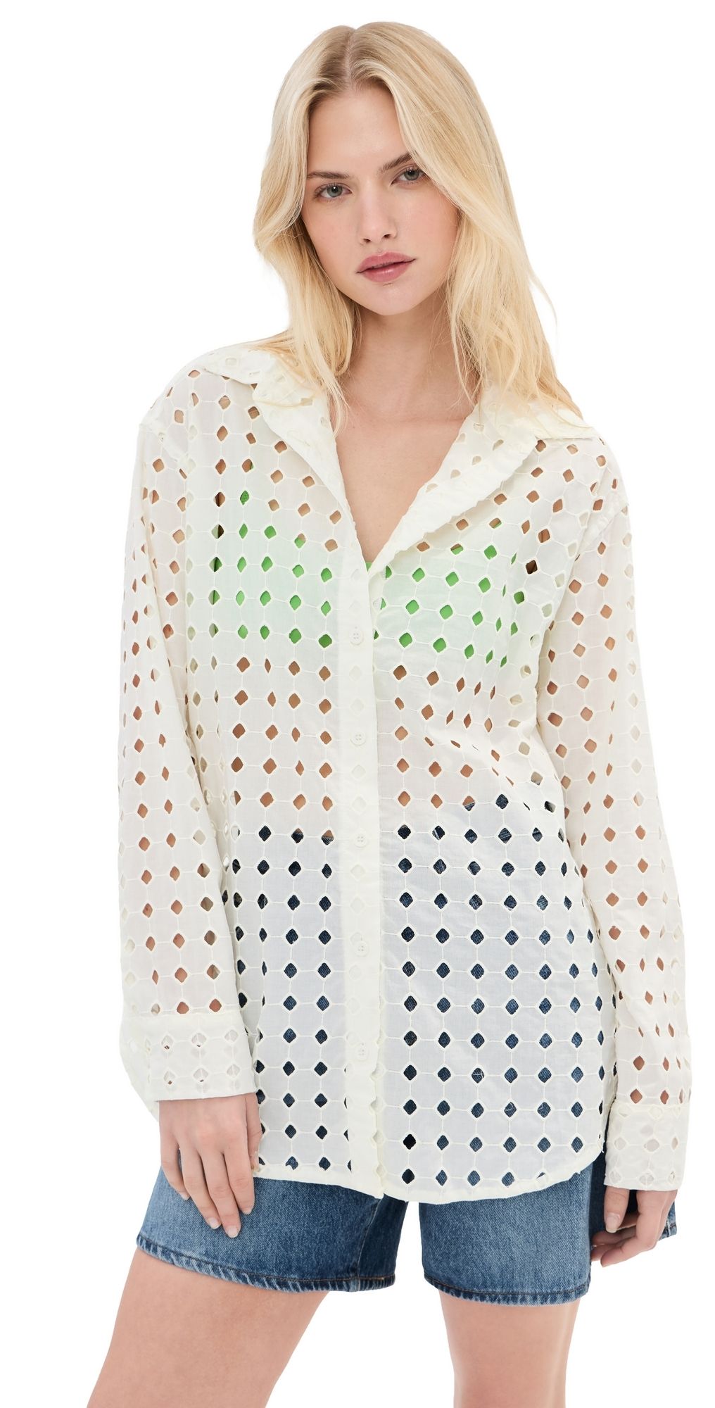 LE BOP Cecilia Long Sleeve Button Down Shirt Black Eyelet M