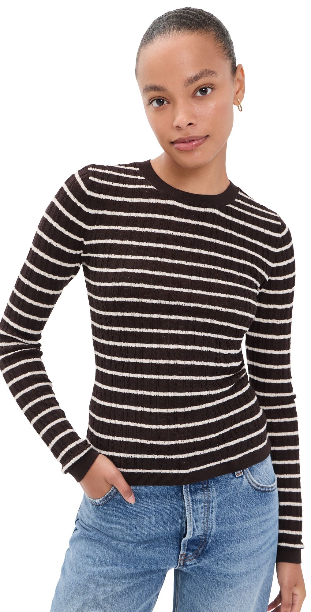 FRAME The Pointelle Crewneck Chestnut Stripe S