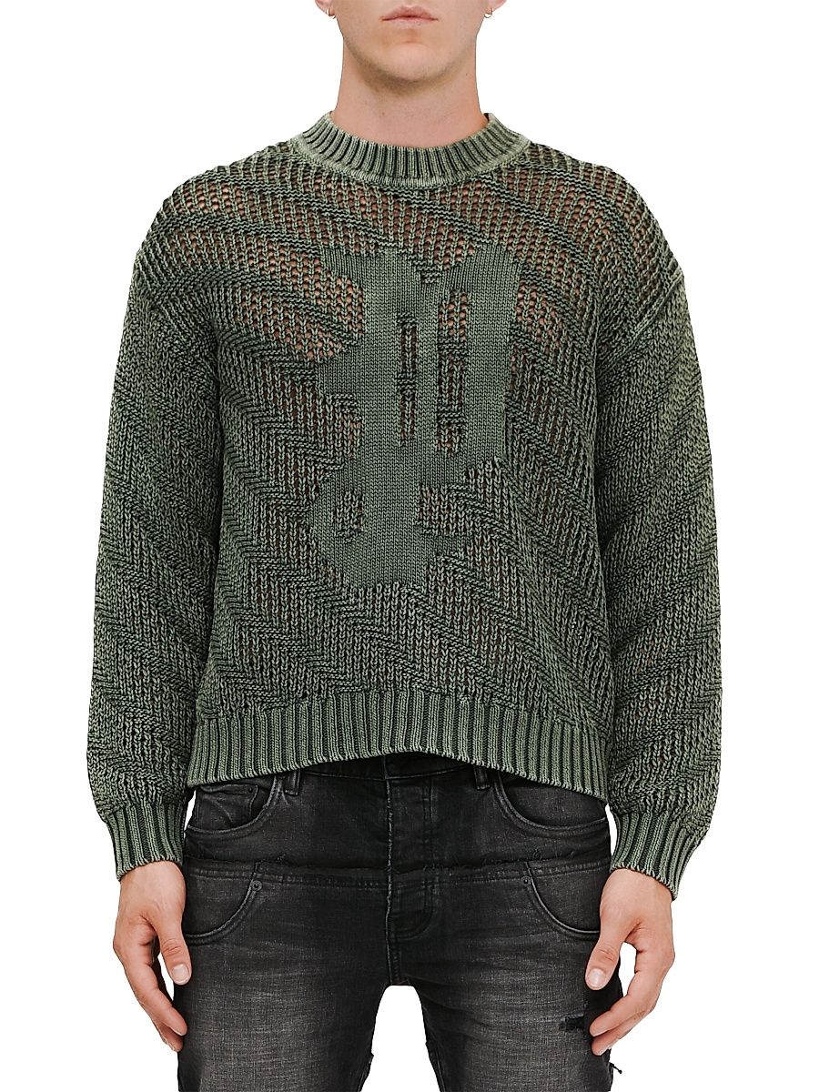 Men's Logo Acid-Washed Cotton Sweater - Green - Size Large