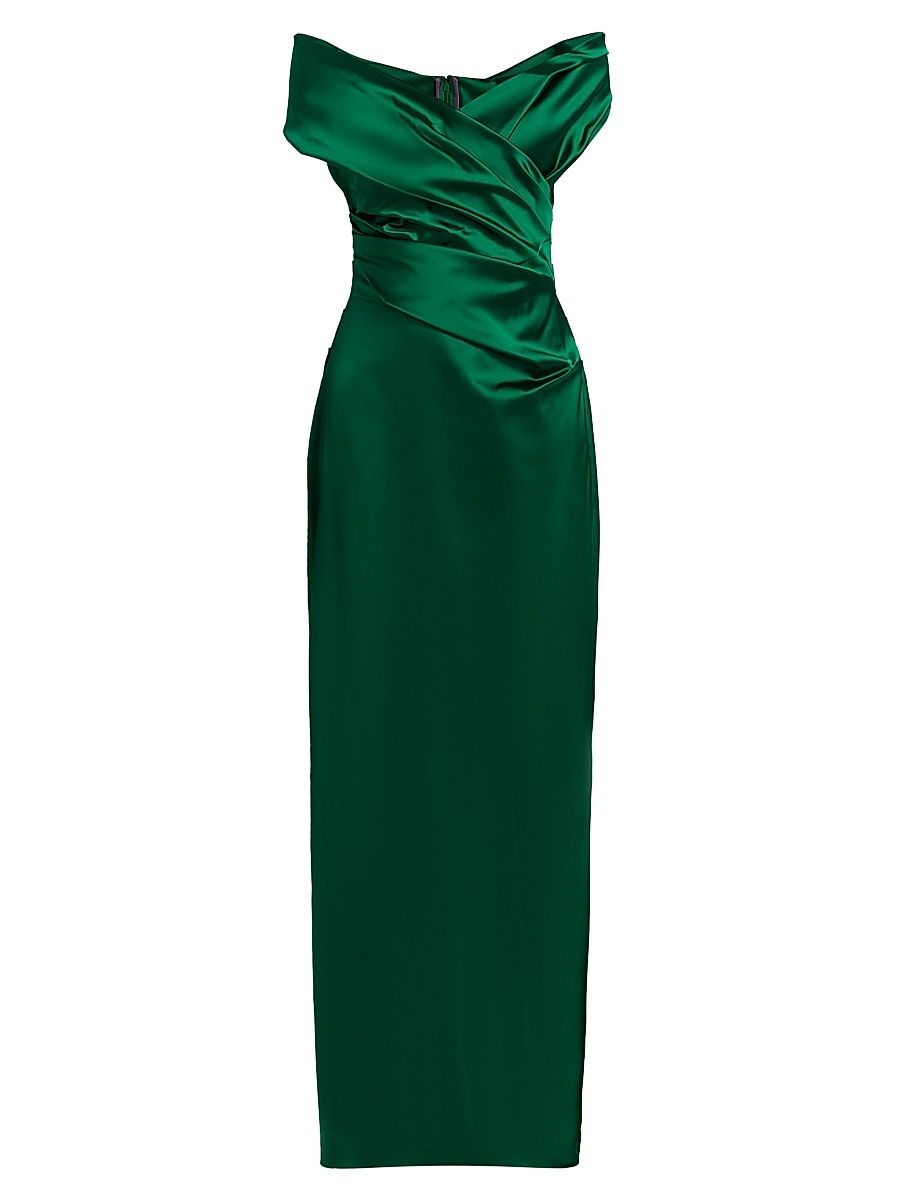 Women's Satin Off-The-Shoulder Column Gown - Emerald - Size 14