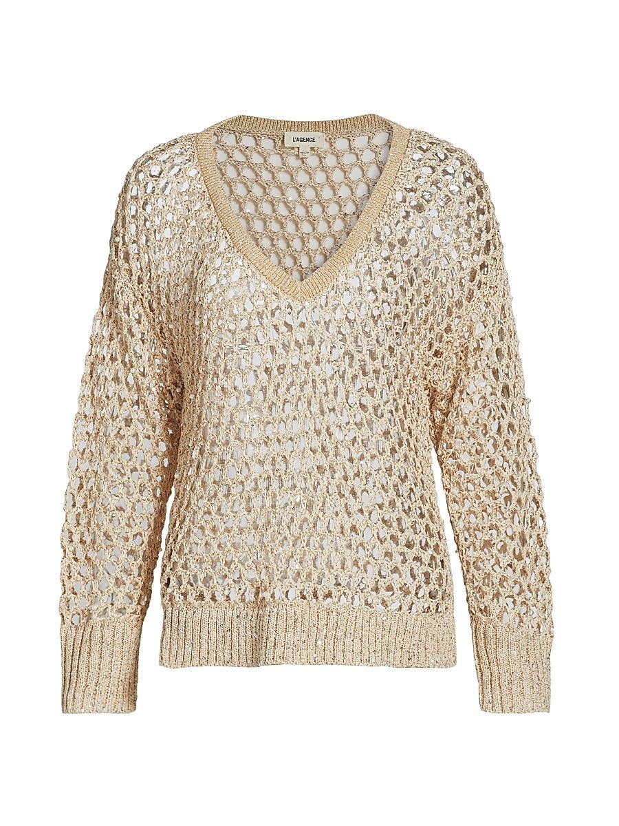 Women's Nashwa Embellished V-Neck Sweater - Natural Multi Pearls - Size Medium