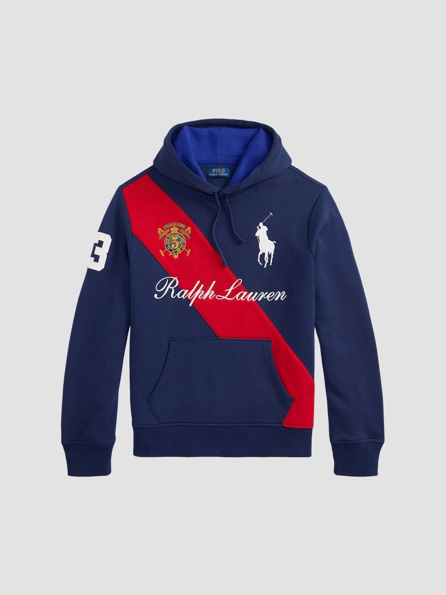 Polo Ralph Lauren Men's Striped Logo Fleece Cotton-Blend Hoodie - Newport Navy Multi - Size Medium