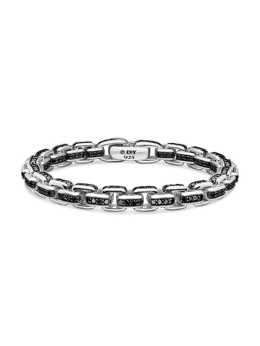 Men's Box Chain Bracelet In Sterling Silver - Black Diamond - Size Medium