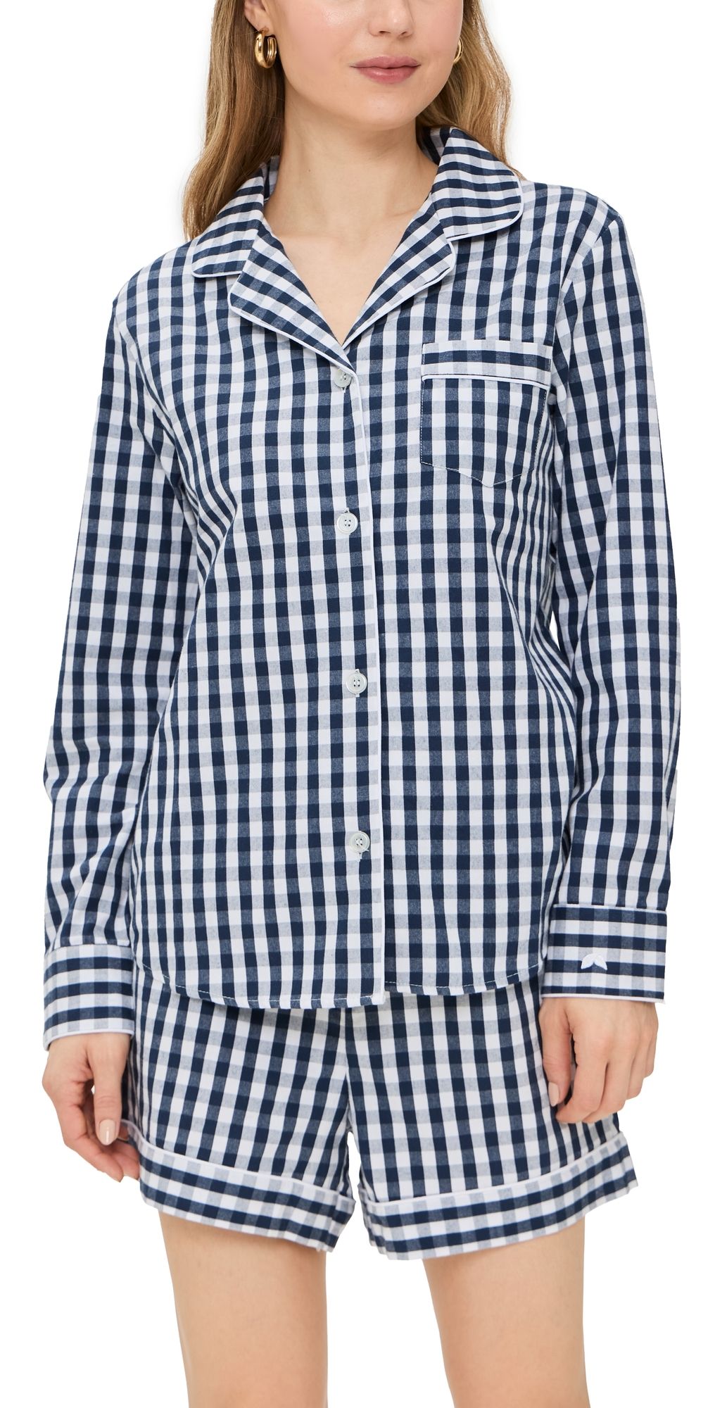 Petite Plume Gingham Long Sleeve Short Set Navy L