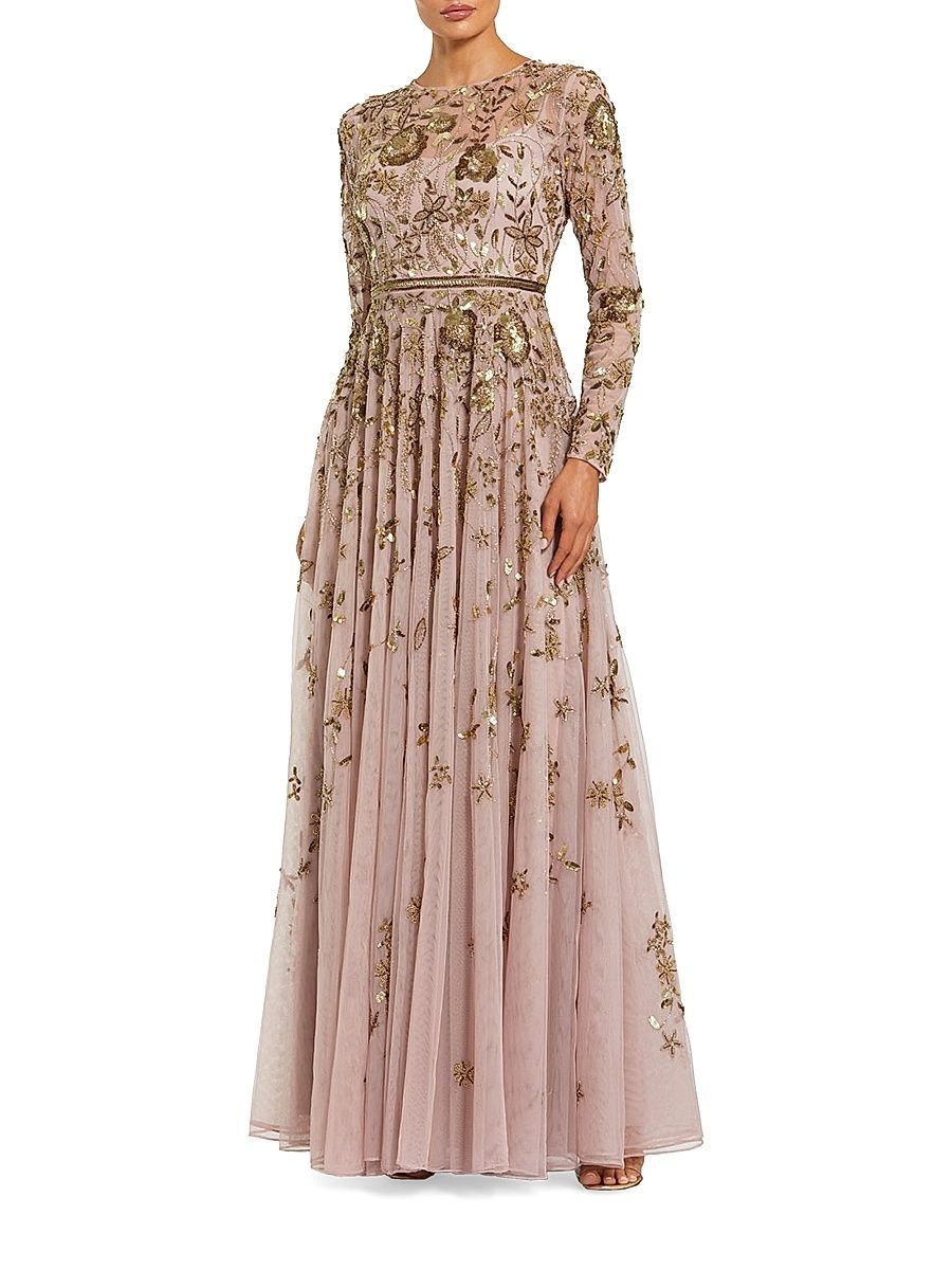 Women's Embellished Floral-Embroidered Mesh Gown - Mocha Multi - Size 20