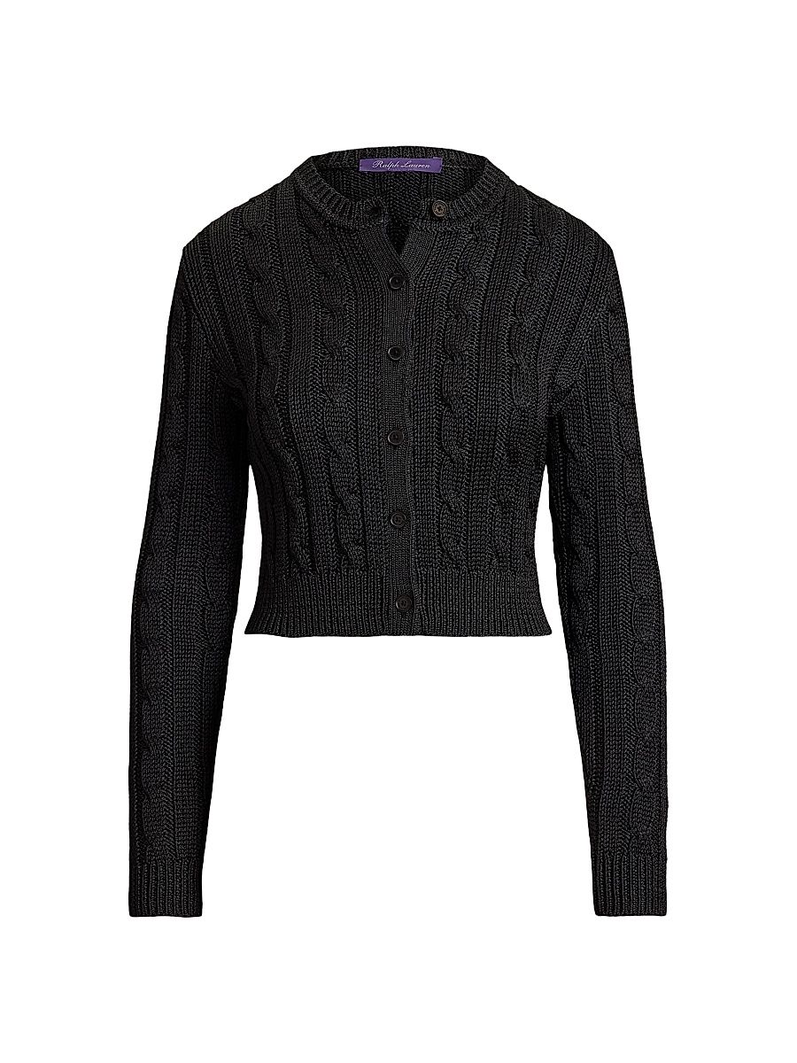 Women's Cable-Knit Silk Cropped Cardigan - Black - Size XS