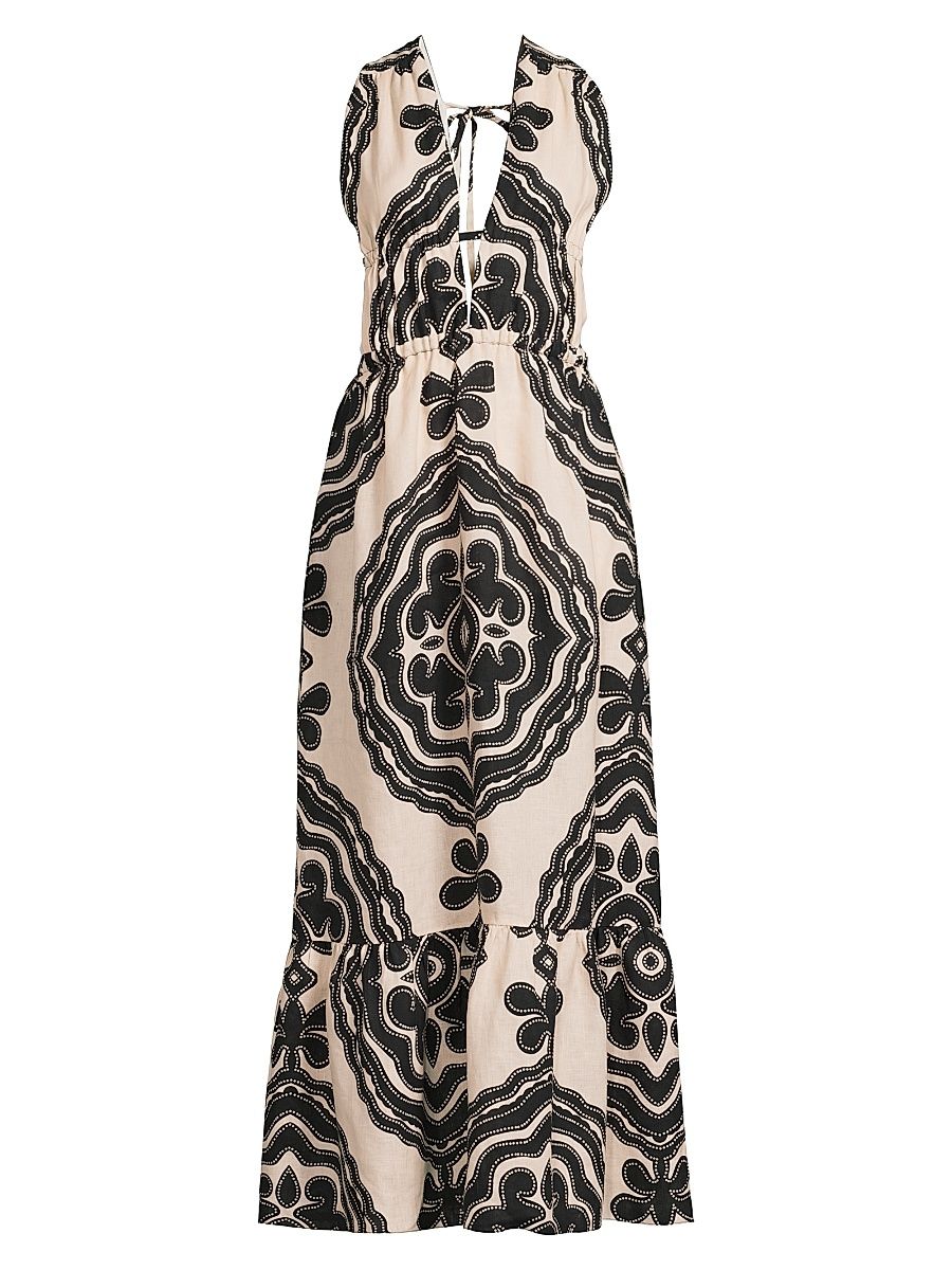 Women's Lelisa Printed Linen V-Neck Maxi Dress - Niku Cream - Size XS