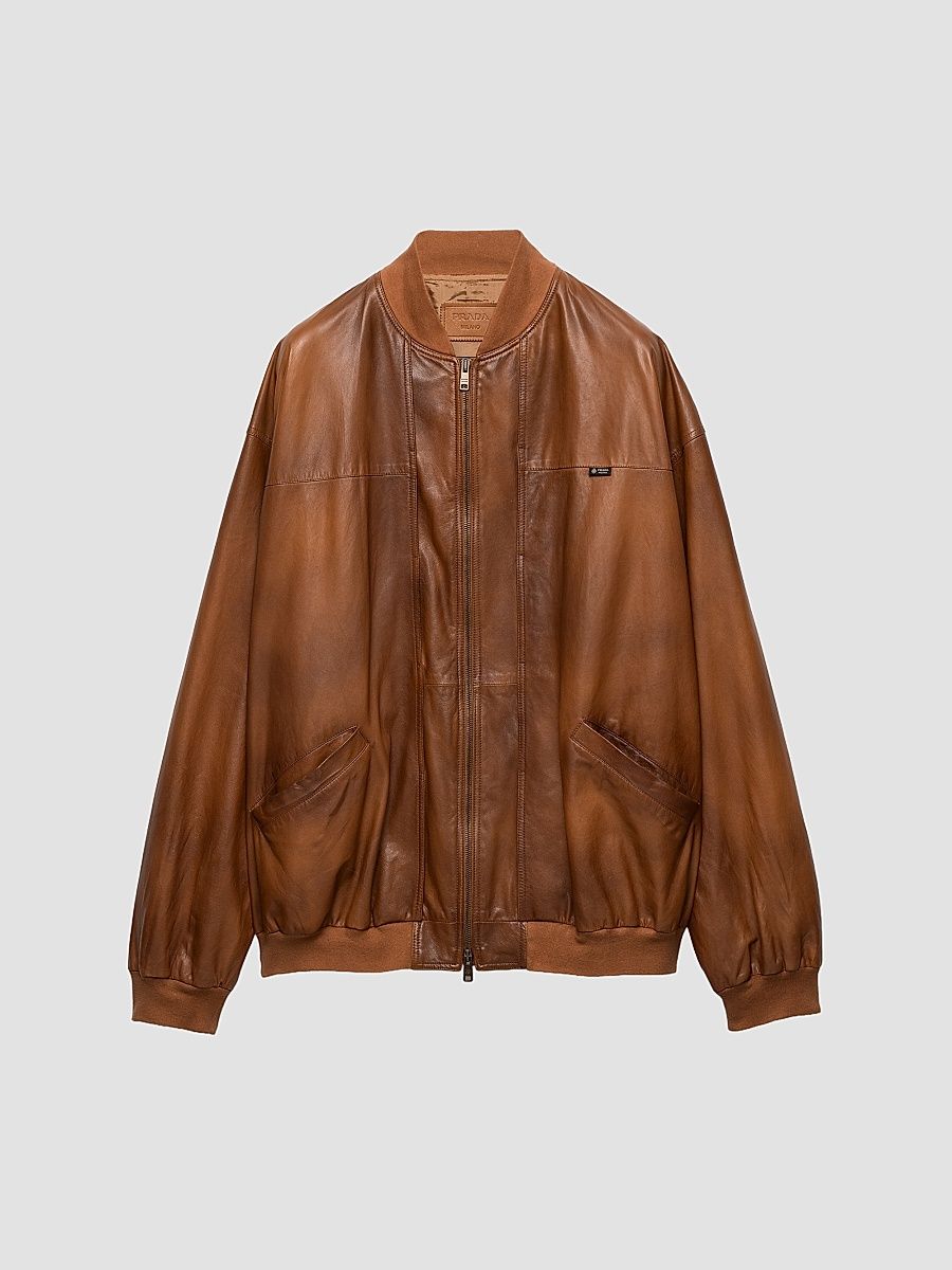 Men's Oversized Nappa Leather Bomber Jacket - Brown - Size 42
