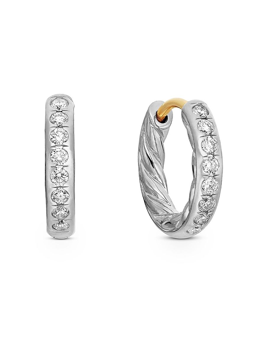 Women's Sculpted Cable Huggie Hoop Earrings in Sterling Silver with Diamonds - Silver