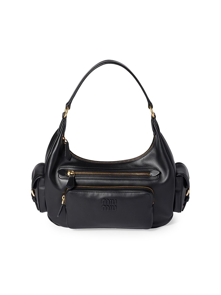 Women's Pocket Leather Shoulder Bag - Black