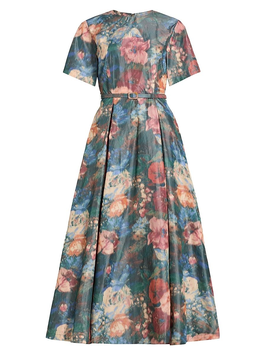 Women's Floral Taffeta A-Line Dress - Green Peach Multi - Size 0