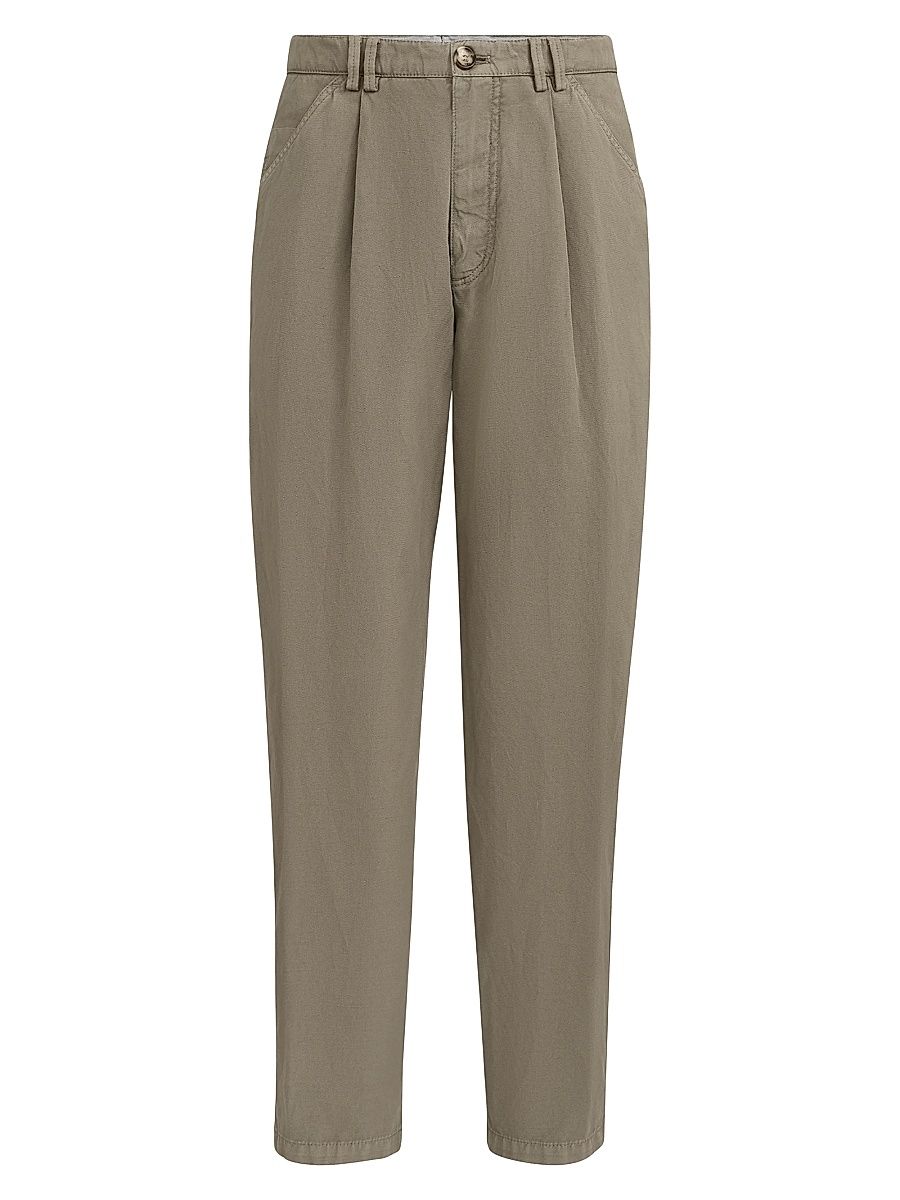 Men's Garment Dyed Trousers in Cotton and Linen Canvas - Military - Size 44
