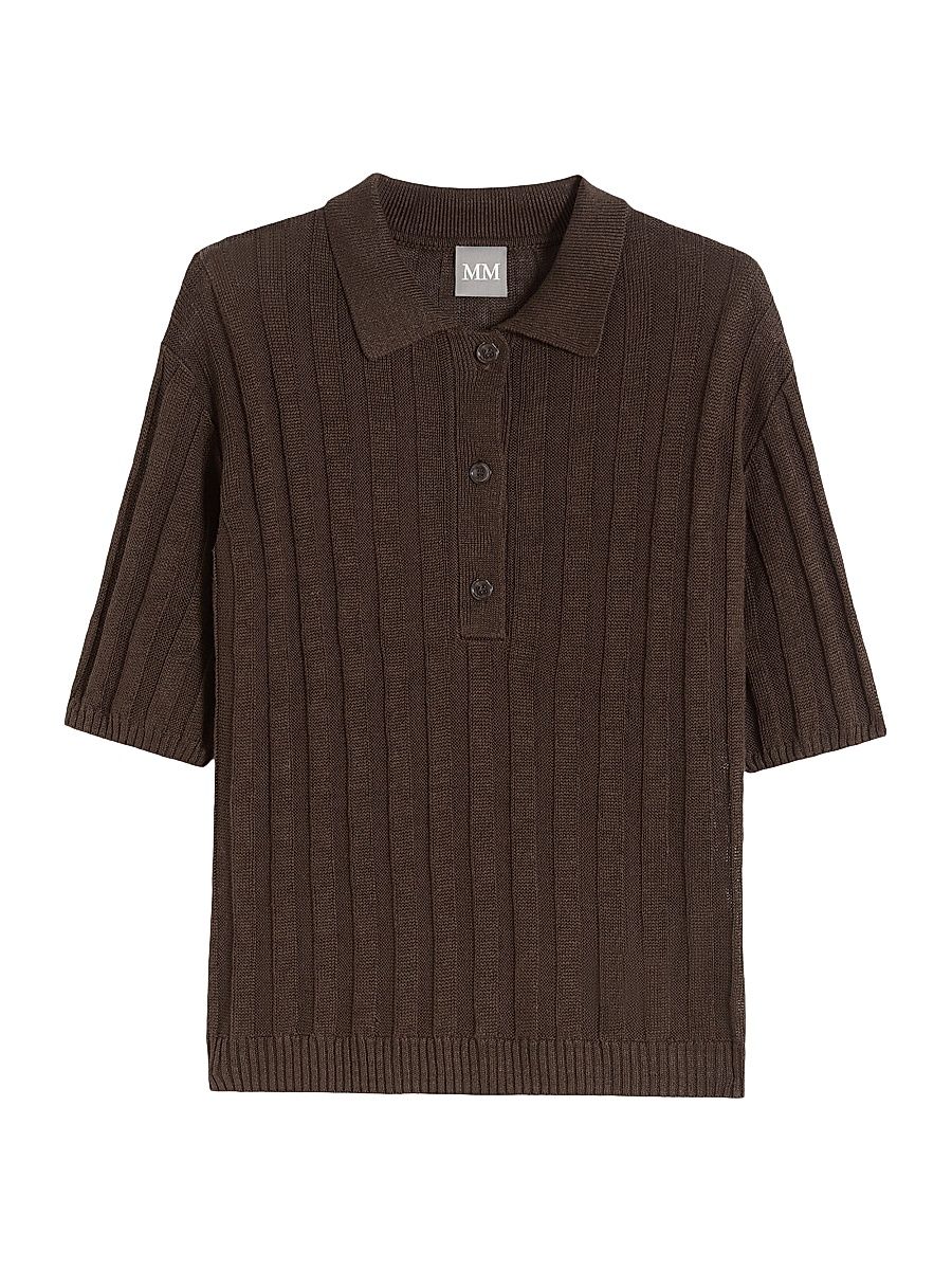 Women's Rib Knit Linen Yarn Polo Shirt - Dark Brown - Size XL