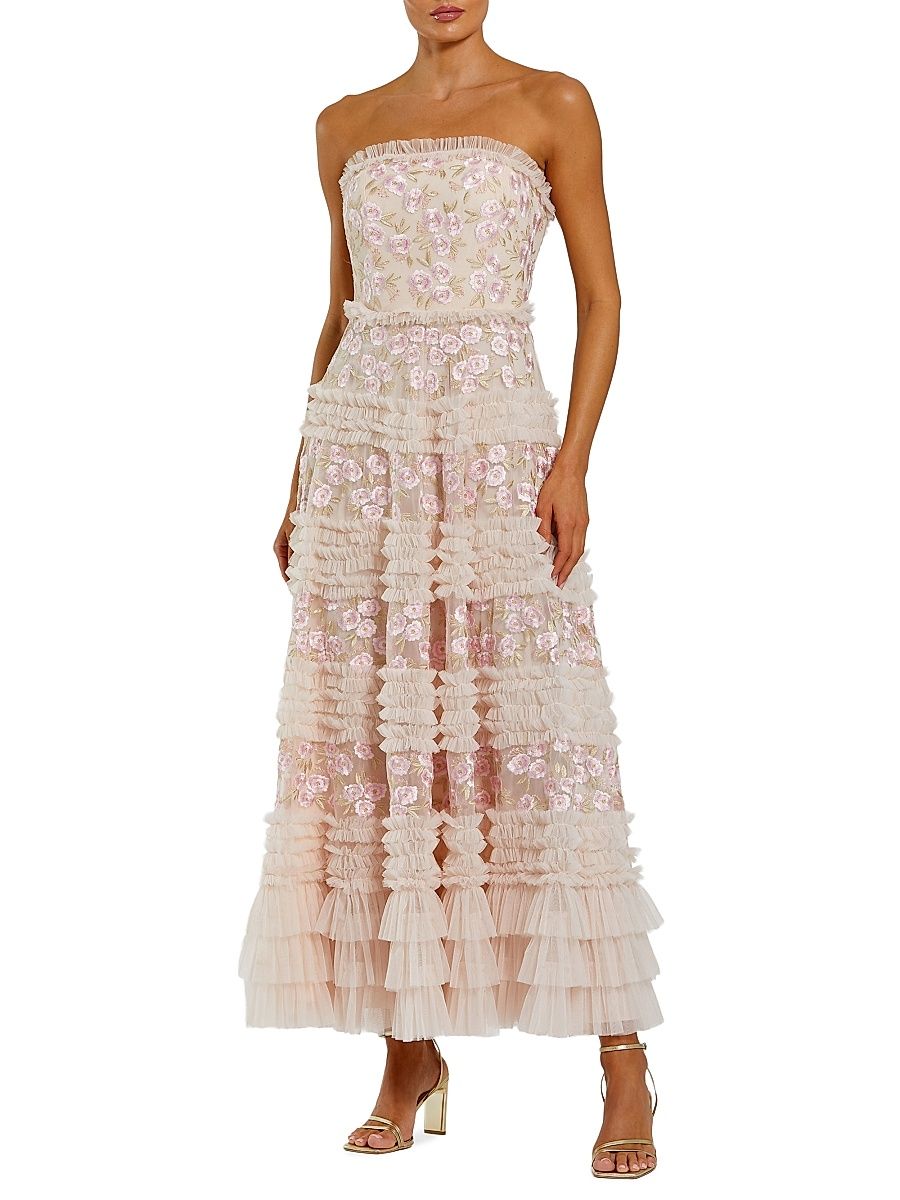 Women's Floral Embroidered Mesh Strapless Midi-Dress - Blush Multi - Size 14