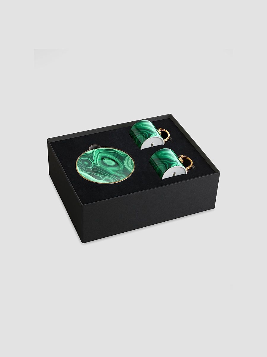 Malachite 4-Piece Espresso Cup & Saucer Set - White Gold
