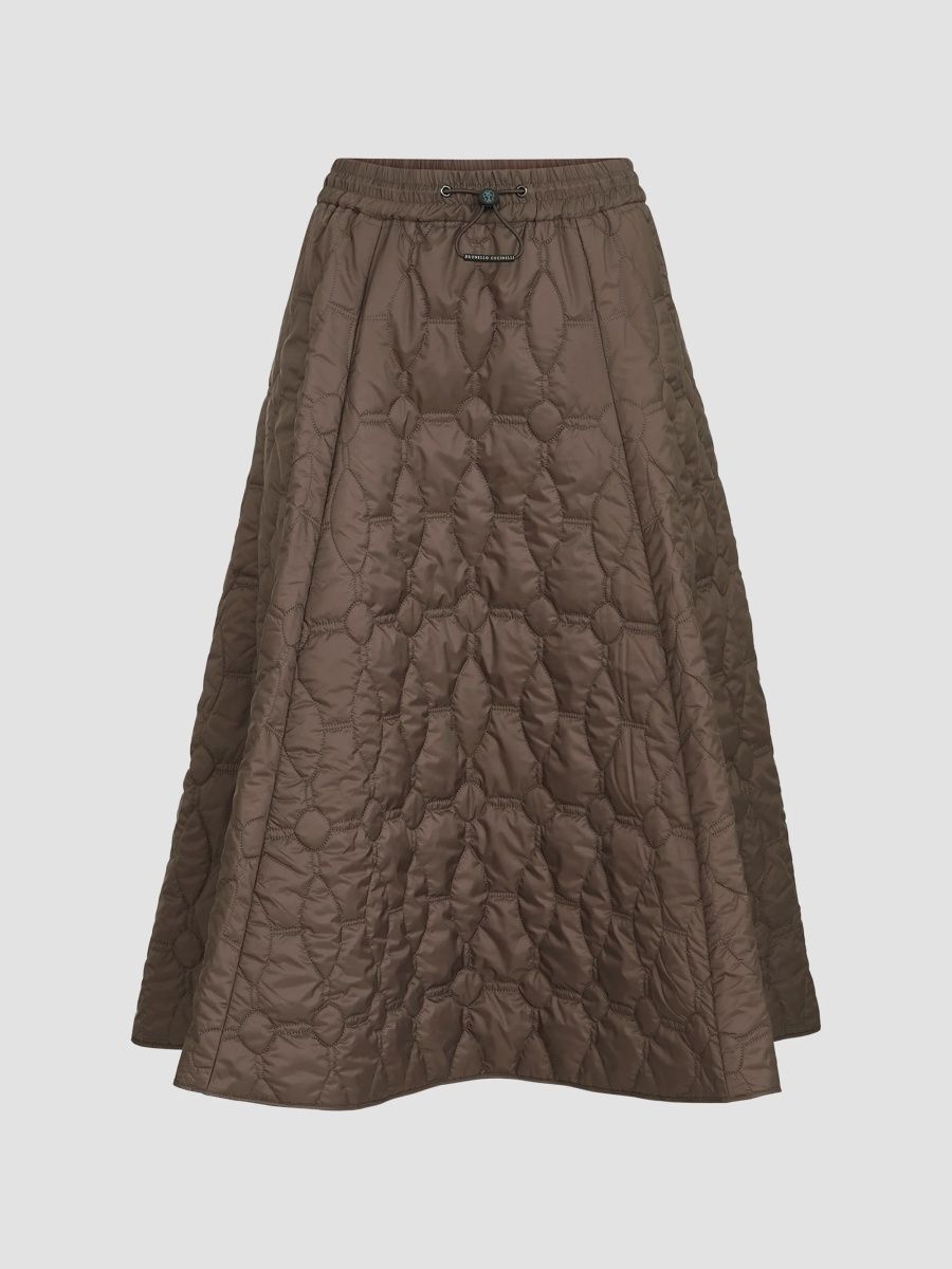 Brunello Cucinelli Women's Water-Resistant Matte Nylon Quilted Skirt with Thermore - Coffee - Size 10