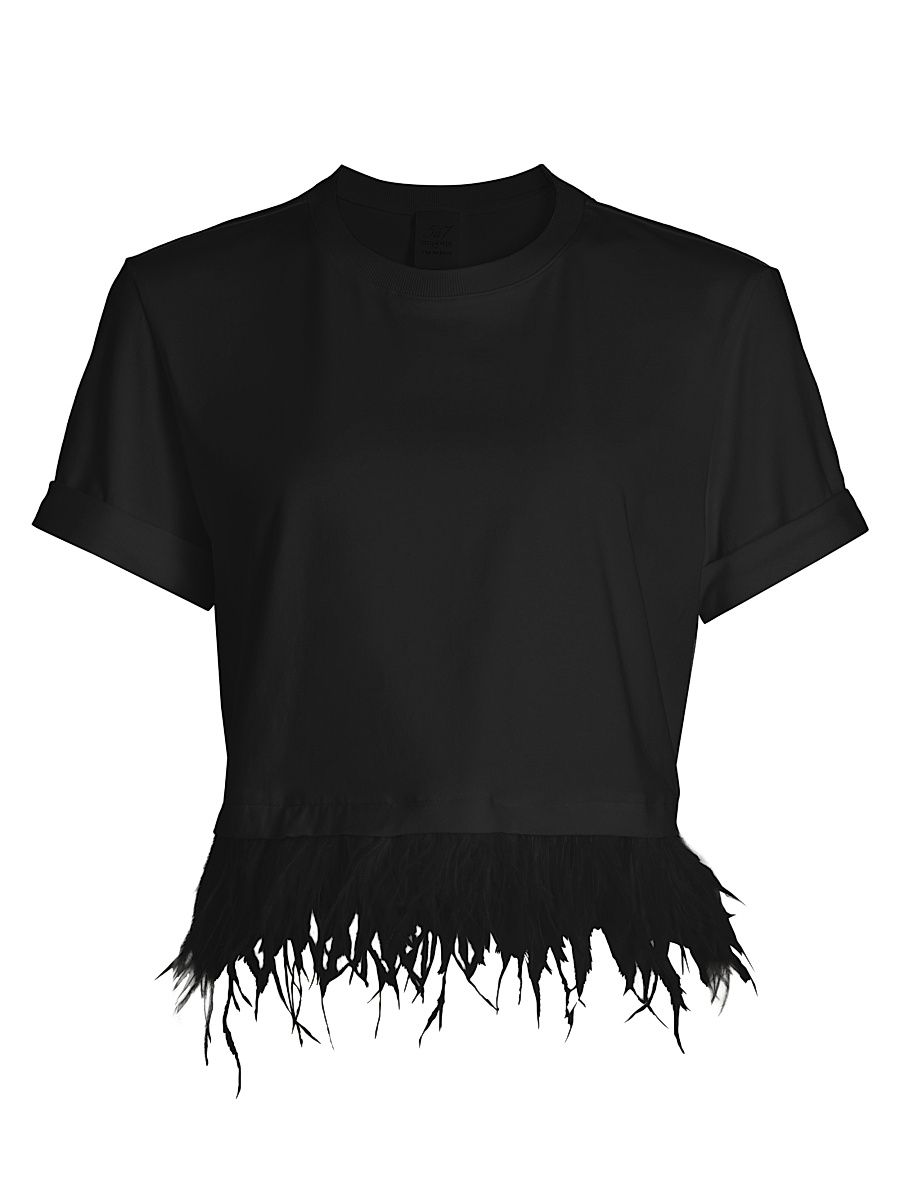 Women's Feather-Trim Stretch-Cotton Crop T-Shirt - Black - Size XL