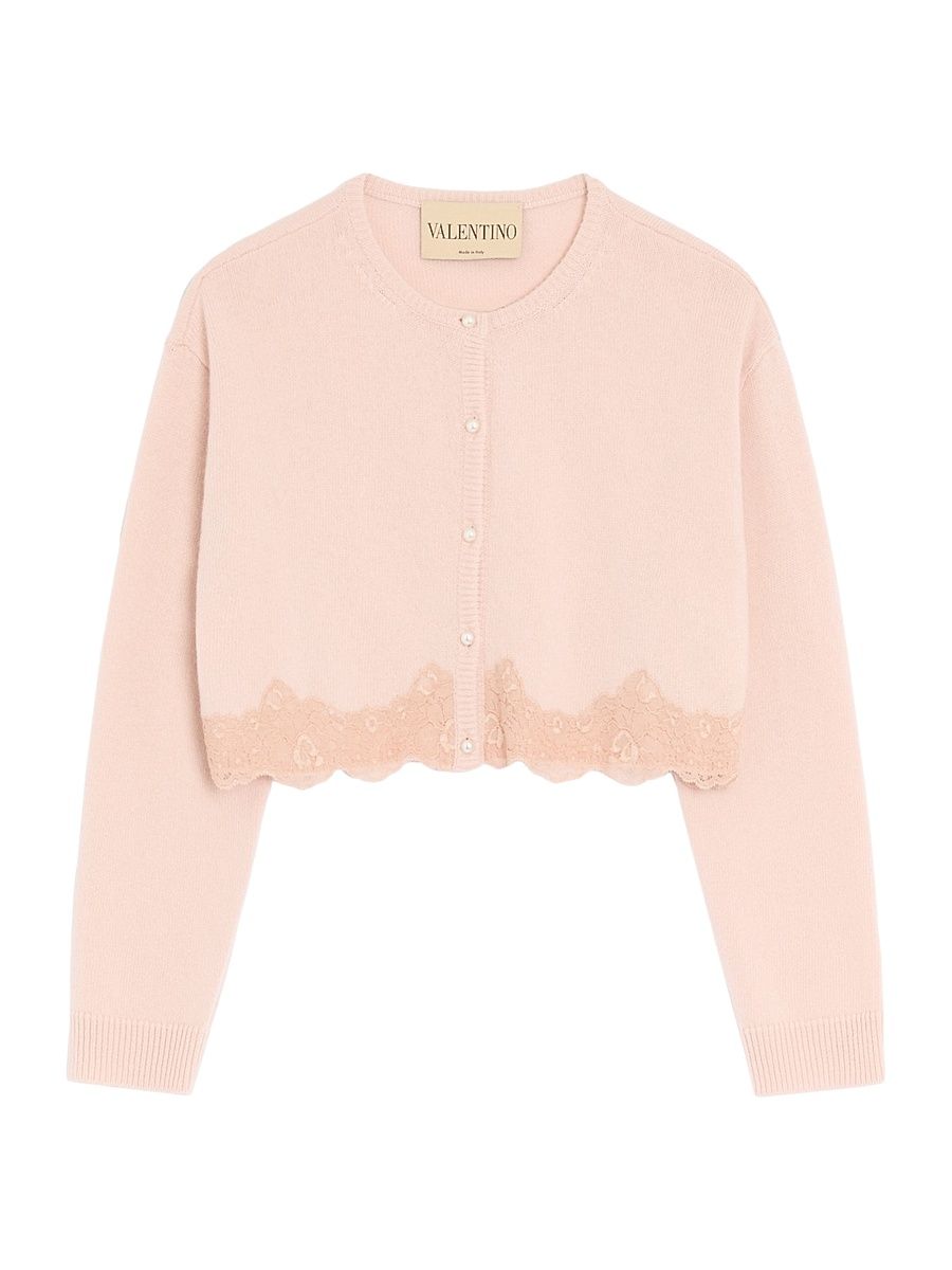 Women's Wool Cardigan with Lace - Pink - Size Large