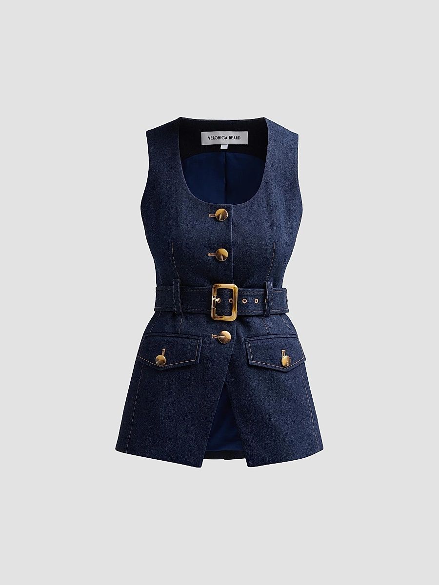 Veronica Beard Women's Becker Stretch-Denim Belted Vest - Midnight Wash - Size 2