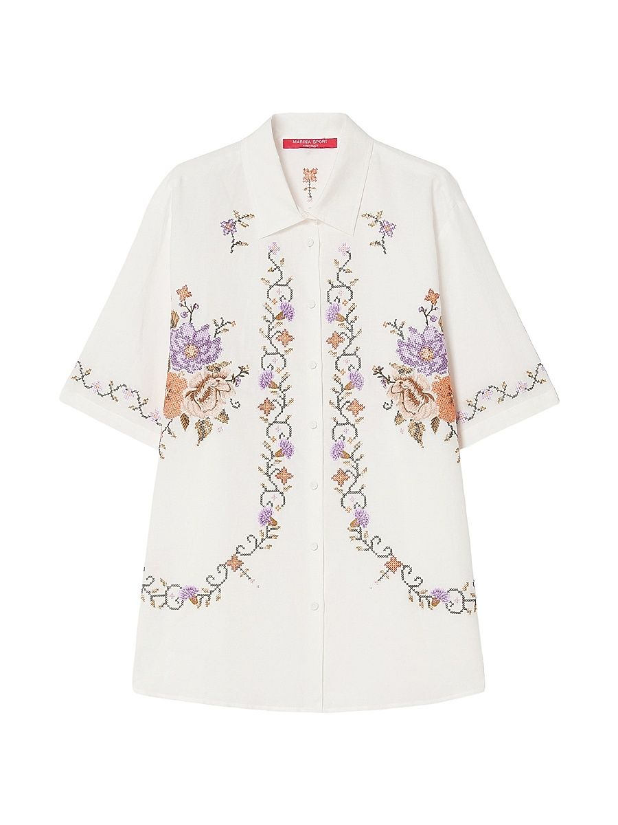 Women's Embroidered Cotton Canvas Shirt - Ivory - Size 16