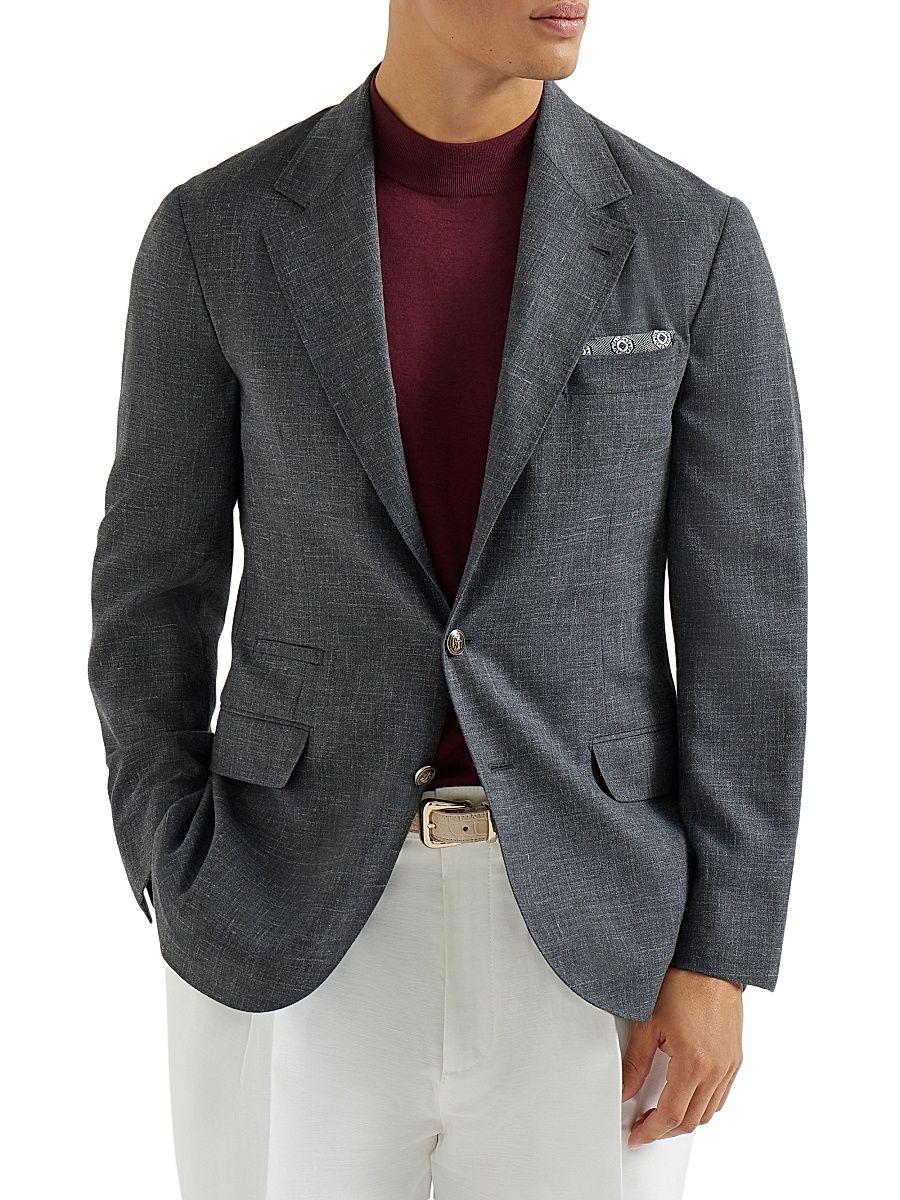 Men's Wool, Silk and Linen Slubbed Fresco Deconstructed Blazer with Metal Buttons - Dark Grey - Size 40