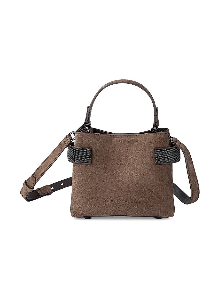 Women's Essence Small Top Handle Bag in Suede with Precious Bands - Brown