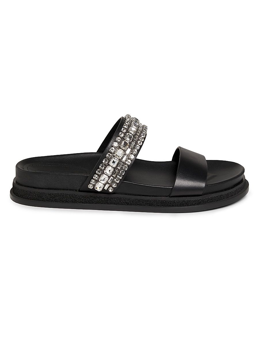 Women's Jadi Crystal-Embellished Vacchetta Leather Slides - Black Crystal - Size 9.5 Sandals