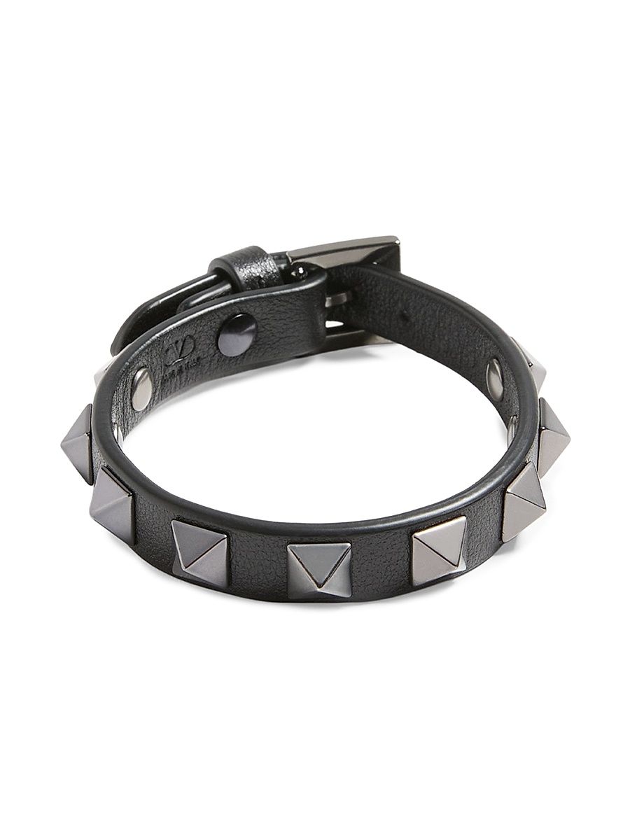 Men's Rockstud Leather Bracelet with Ruthenium Studs - Black