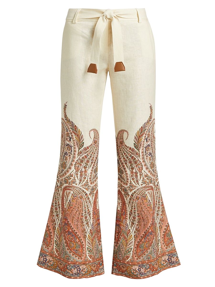 Women's Rhiannon Paisley Linen Tie-Waist Flared Pants - Cream Paisley - Size 4