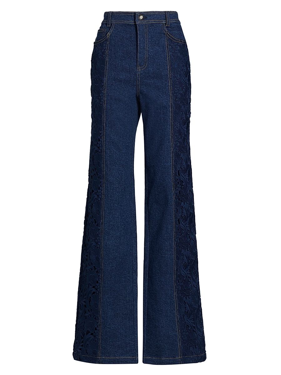 Women's Francine Denim-Lace Wide-Leg Jeans - Navy - Size 16