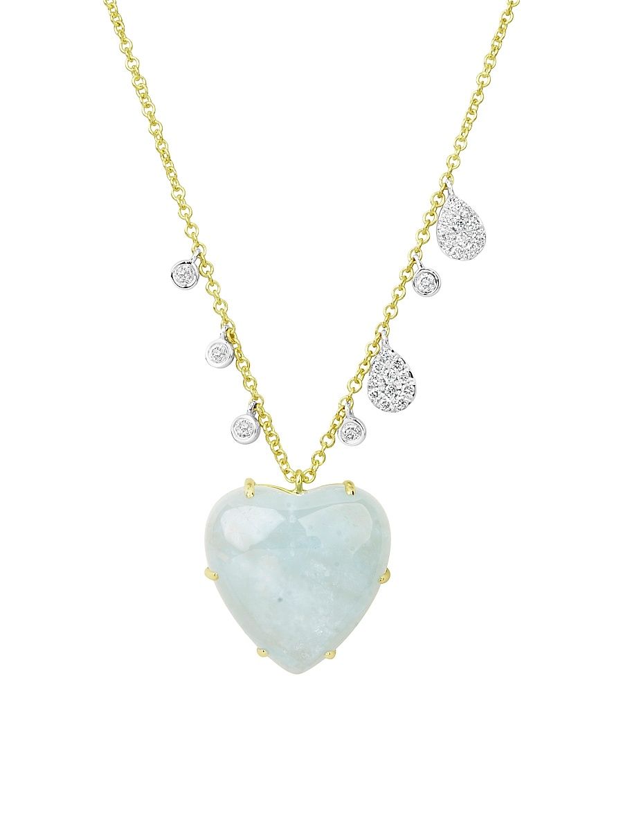 Women's 14K Yellow Gold, Diamonds & Milky Aquamarine Heart Necklace - Yellow Gold