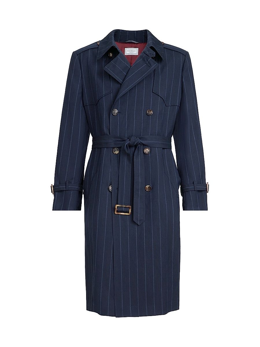 Men's Virgin Wool and Linen Chalk Stripe Trenchcoat - Blue - Size 46