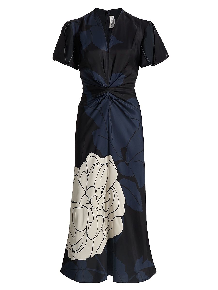 Women's Eve Floral Gathered Midi-Dress - Dark Navy Pale Rose - Size 0